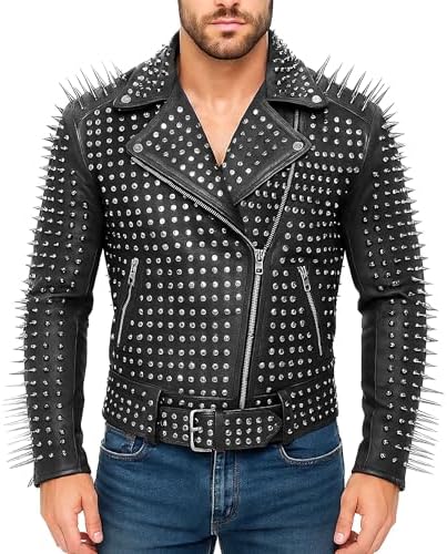 LP-FACON Mens Long Spikes Rock Punk Gothic Studded Brando Black